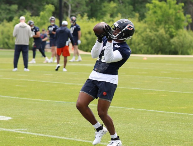 Chicago Bears wide receiver John Jackson III (26) catches a pass during minicamp at Halas Hall on June 4, 2024, in Lake Forest. (Stacey Wescott/Chicago Tribune)