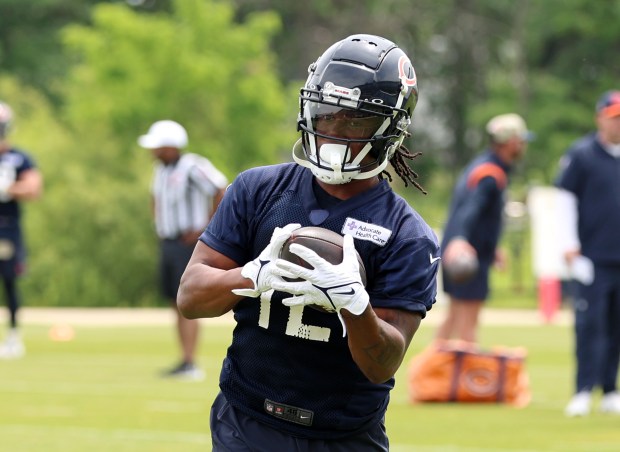 Chicago Bears wide receiver Velus Jones Jr. (12) catches a pass during minicamp at Halas Hall on June 4, 2024, in Lake Forest. (Stacey Wescott/Chicago Tribune)