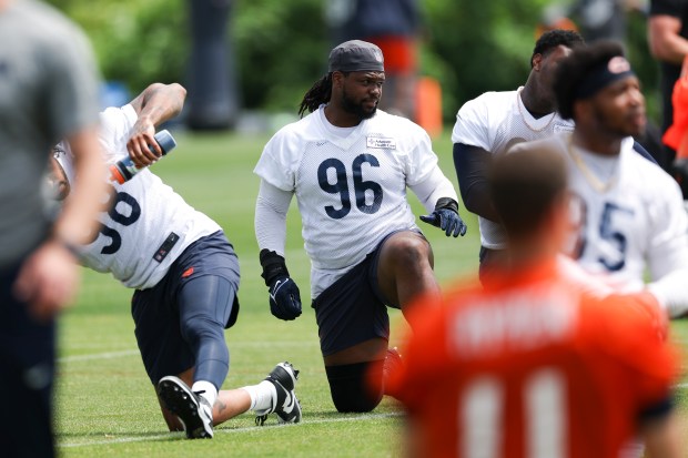 Chicago Bears defensive tackle Zacch Pickens (96) stretches during minicamp at Halas Hall in Lake Forest on June 5, 2024. (Eileen T. Meslar/Chicago Tribune)