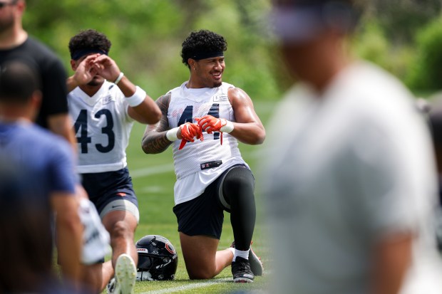 Chicago Bears linebacker Noah Sewell (44) stretches during minicamp at Halas Hall in Lake Forest on June 5, 2024. (Eileen T. Meslar/Chicago Tribune)