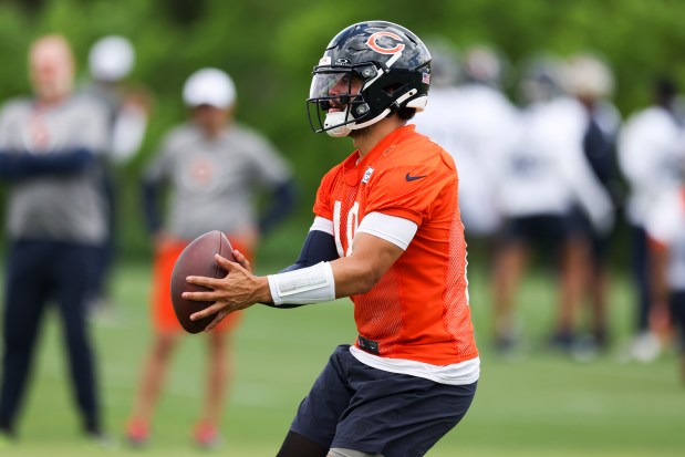 Chicago Bears quarterback Caleb Williams (18) during minicamp at Halas Hall in Lake Forest on June 5, 2024. (Eileen T. Meslar/Chicago Tribune)