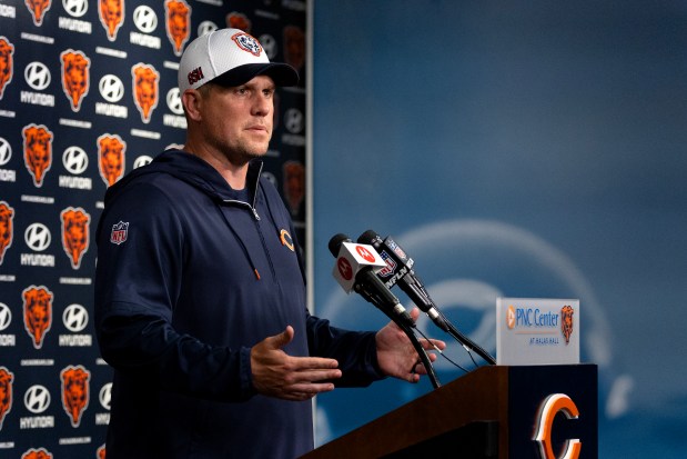 Bears offensive coordinator Shane Waldron speaks with the media in the PNC Center at Halas Hall on June 12, 2024, in Lake Forest (Stacey Wescott/Chicago Tribune)