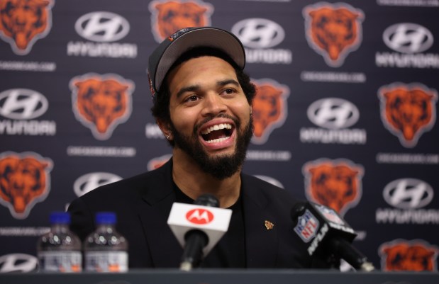 Bears quarterback Caleb Williams speaks at Halas Hall on April 26, 2024. (Chris Sweda/Chicago Tribune)