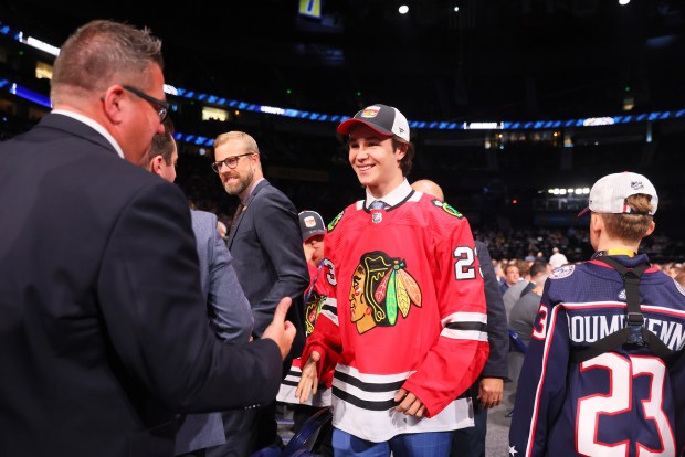 Martin Misiak celebrates after being selected at No. 55 by the Blackhawks during the NHL draft on June 29, 2023 in Nashville, Tenn. (Bruce Bennett/Getty Images)