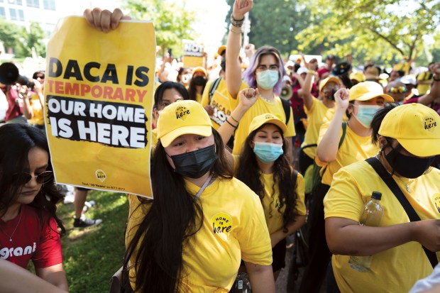 Susana Lujano, left, a dreamer from Mexico who lives in Houston, joins other activists to rally in support of the Deferred Action for Childhood Arrivals program, also known as DACA, at the U.S. Capitol in Washington, June 15, 2022. (J. Scott Applewhite/AP)