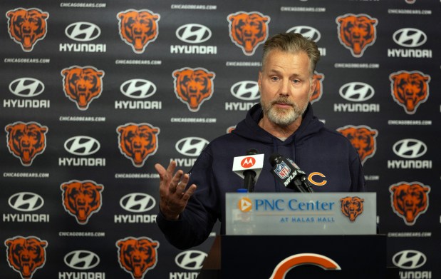 Chicago Bears head coach Matt Eberflus speaks with the media following the first day of minicamp at Halas Hall on June 4, 2024, in Lake Forest. (Stacey Wescott/Chicago Tribune)