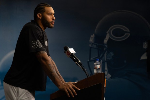 Chicago Bears defensive end Montez Sweat speaks with the media following the first day of minicamp at Halas Hall on June 4, 2024, in Lake Forest. (Stacey Wescott/Chicago Tribune)