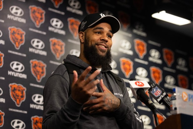 Bears wide receiver Keenan Allen speaks with the media after the first day of minicamp at Halas Hall on June 4, 2024, in Lake Forest. (Stacey Wescott/Chicago Tribune)