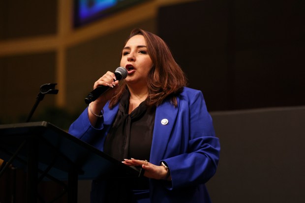 U.S. Rep. Delia Ramirez speaks during the Parent Mentor Program Convention at House of Hope in the Pullman neighborhood on April 23, 2024. (Eileen T. Meslar/Chicago Tribune)