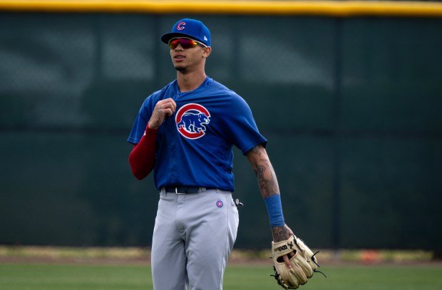 Cubs prospect Cristian Hernández works out during spring training on March 1, 2023, at Sloan Park in Mesa, Ariz. (E. Jason Wambsgans/Chicago Tribune)