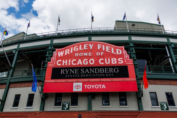 The marquee displays a message for the former Cubs player Ryne Sandberg statue dedication ceremony outside Wrigley Field Sunday June 23, 2024 in Chicago. (Armando L. Sanchez/Chicago Tribune)