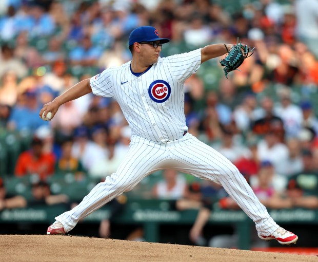 Chicago Cubs starting pitcher Javier Assad (72) throws in the first inning against the San Francisco Giants at Wrigley Field on June 17, 2024, in Chicago. (Stacey Wescott/Chicago Tribune)