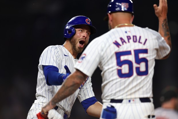 Chicago Cubs first baseman Michael Busch reacts after hitting a two-run homer in the bottom of the sixth inning against the San Francisco Giants at Wrigley Field on June 17, 2024, in Chicago. (Stacey Wescott/Chicago Tribune)