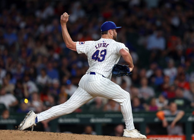 Chicago Cubs pitcher Luke Little (43) pitches in the top of the sixth inning against the San Francisco Giants at Wrigley Field on June 17, 2024, in Chicago. (Stacey Wescott/Chicago Tribune)