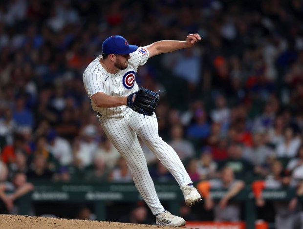 Chicago Cubs pitcher Luke Little (43) pitches in the top of the sixth inning against the San Francisco Giants at Wrigley Field on June 17, 2024, in Chicago. (Stacey Wescott/Chicago Tribune)