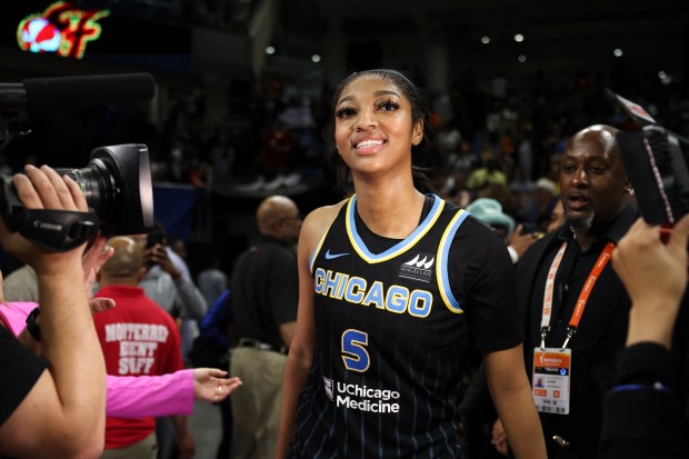 Chicago Sky forward Angel Reese is interviewed by ESPN's Holly Rowe after defeating the Indiana Fever 88-87 at Wintrust Arena on June 23, 2024. (Eileen T. Meslar/Chicago Tribune)