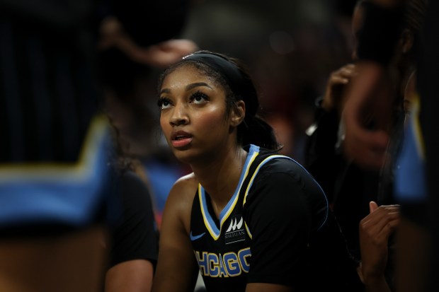 Chicago Sky forward Angel Reese (5) looks up at her teammates during a timeout against the Indiana Fever on June 23, 2024. at Wintrust Arena. (Eileen T. Meslar/Chicago Tribune)