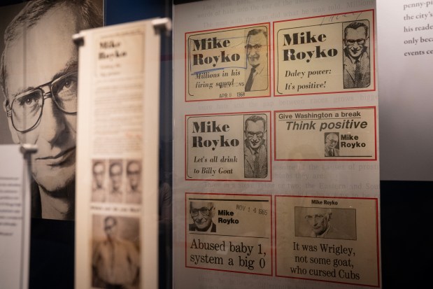 Headlines from Mike Royko's columns in the Newberry Library's new exhibition "Chicago Style: Mike Royko and Windy City Journalism," June 17, 2024. (E. Jason Wambsgans/Chicago Tribune)
