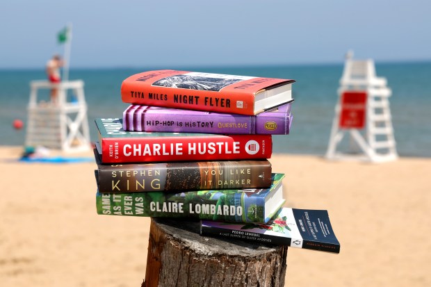 Summer book recommendations include "Night Flyer" by Tiya Miles, "Hip-Hop is History" by Questlove, "Charlie Hustle" by Keith O'Brien, "You Like Darker" by Stephen King, "Same as it Ever Was" by Claire Lombardo and "A Last Supper of Queer Apostles" by Pedro Lemebel. Photographed at South Boulevard Beach on June 3, 2024, in Evanston. (Stacey Wescott/Chicago Tribune)