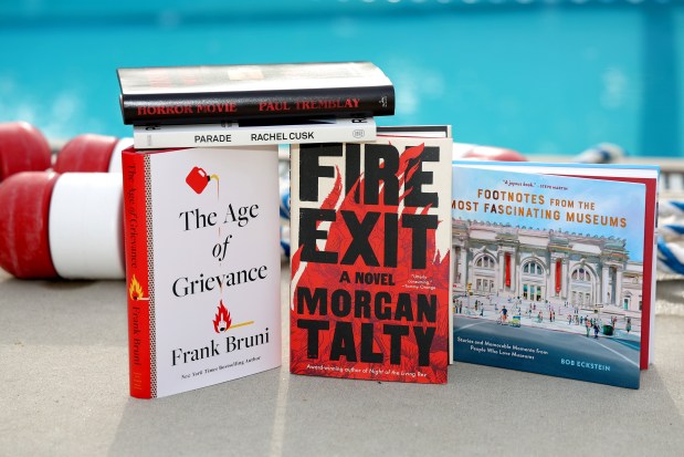 "The Age of Grievance" by Frank Bruni, "Fire Exit" by Morgan Talty, "Footnotes from the Most Fascinating Museums" by Bob Eckstein, "Horror Movie" by Paul Tremblay , and "Parade" by Rachel Cusk,  on June 4, 2024, in Barrington. (Stacey Wescott/Chicago Tribune)