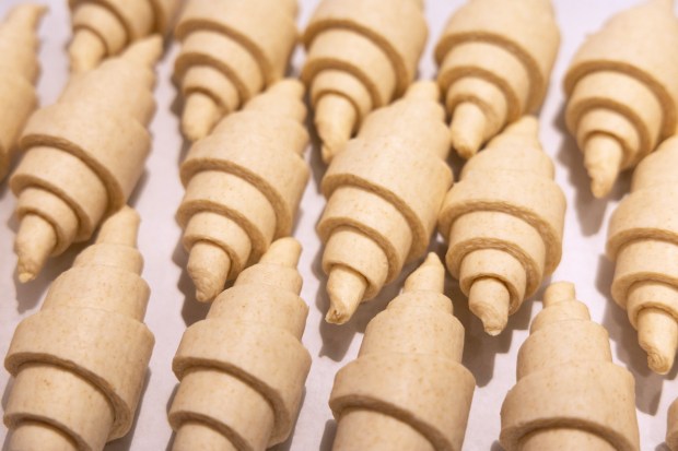 A tray of freshly rolled butter croissants at Sweet Rabbit Bakery. (Stacey Wescott/Chicago Tribune)