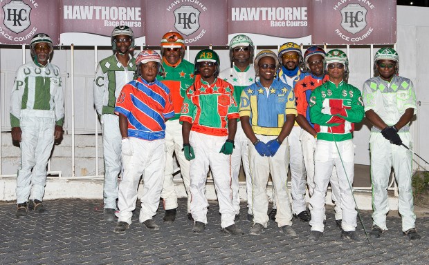 The drivers who competed in Hawthorne Race Course's 2021 inaugural Juneteenth race: (left to right) front row Freddie Patton Jr., Curtis Bradford, Archie Buford, Jamaal Denison and Cordarius Stewart; back row Cornelius Cavett, Hosea Williams, Jamaica Patton, trainer Peter Dora, Terry Skinner and Jordan Patton. (Four Footed Fotos)