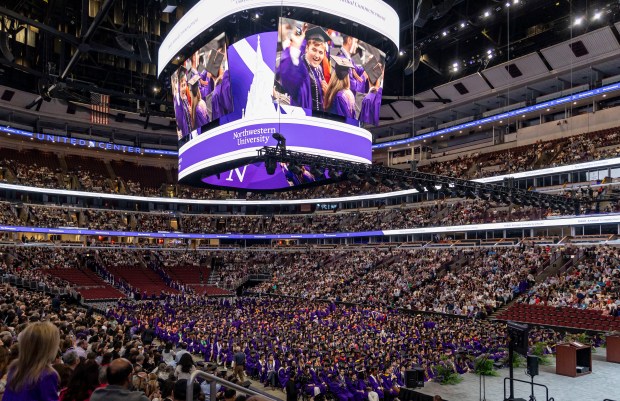Graduates are seated during Northwestern University's commencement on June 9, 2024, at the United Center. (Brian Cassella/Chicago Tribune)
