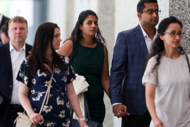 Shradha Agarwal, the co-founder and president of Outcome Health, leaves Dirksen U.S. Courthouse after being sentenced to three years in a halfway house on June 27, 2024. (Eileen T. Meslar/Chicago Tribune)