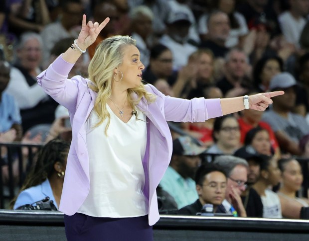 Aces coach Becky Hammon gestures during a game against the Liberty on June 15, 2024, in Las Vegas. (Ethan Miller/Getty Images)
