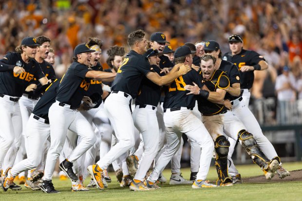 Tennessee players celebrate their victory against Texas A&M in Game 3 of the College World Series finals on Monday, June 24, 2024, in Omaha, Neb. (AP Photo/Rebecca S. Gratz)