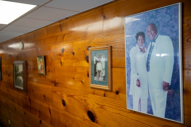 A photo of Larry Hopkins, right, and his wife, Sophia Hopkins, on June 7, 2024, at St. Rest #2 Country Kitchen in Chicago. Larry is the founder of the restaurant and father to Daniella Coffey, the current owner. (Vincent Alban/Chicago Tribune)