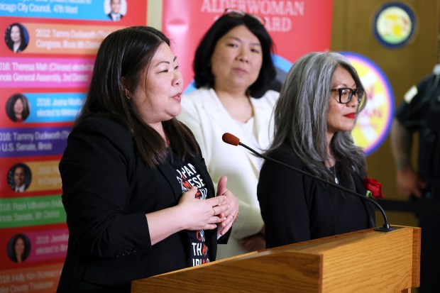 Cook County Commissioner Josina Morita, from left, Chicago Ald. Nicole Lee, 11th, and Chicago Ald. Leni Manaa-Hoppenworth, 48th, appear at the Cook County Building in recognition of Asian American Heritage Month on May 14, 2024. (Terrence Antonio James/Chicago Tribune)