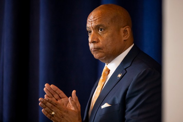 Team president and CEO Kevin Warren applauds as the Bears announce their plans to build a new domed lakefront stadium on April 24, 2024, at Soldier Field. (Brian Cassella/Chicago Tribune)