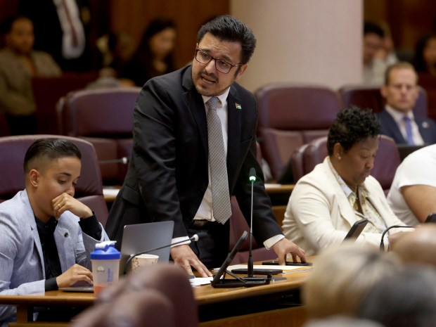 Ald. Byron Sigcho-Lopez speaks during a Chicago City Council meeting at City Hall on June 12, 2024. (Antonio Perez/Chicago Tribune)