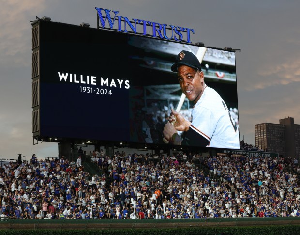 San Francisco Giants great Willie Mays is honored with a moment of silence during a game between the Chicago Cubs and the Giants at Wrigley Field in Chicago on June 18, 2024. (Chris Sweda/Chicago Tribune)