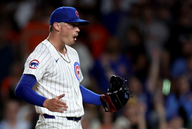 Chicago Cubs relief pitcher Keegan Thompson (71) celebrates after closing out the San Francisco Giants in the ninth inning of a game at Wrigley Field in Chicago on June 18, 2024. (Chris Sweda/Chicago Tribune)
