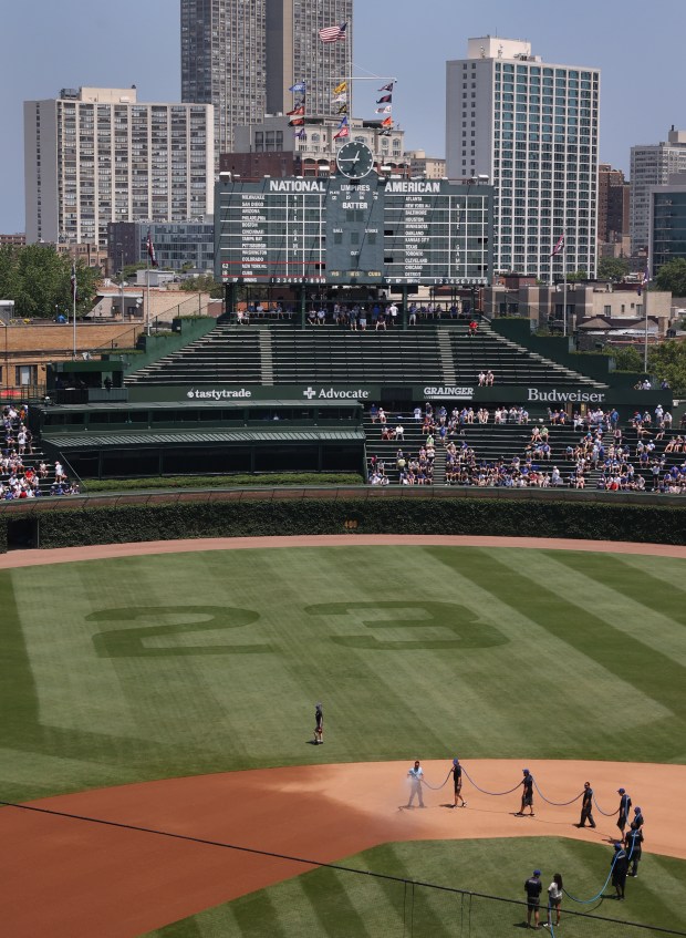 The number 23 honoring Chicago Cubs great Ryne Sandberg is seen in the outfield grass as the grounds crew waters the infield before a game between the Cubs and the New York Mets at Wrigley Field in Chicago on June 21, 2024. (Chris Sweda/Chicago Tribune)