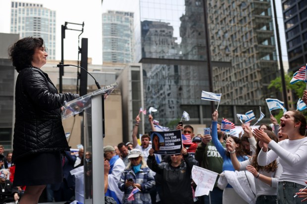 Ald. Debra Silverstein, 50th, speaks during the annual flag-raising event commemorating Israel's Declaration of Independence at Daley Plaza on May 14, 2024. (Eileen T. Meslar/Chicago Tribune)