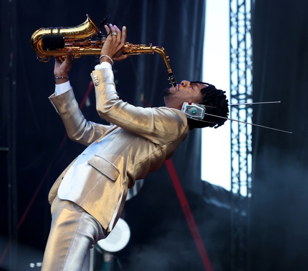 Jon Batiste performs at the Salt Shed in Chicago on June 13, 2024. (Chris Sweda/Chicago Tribune)