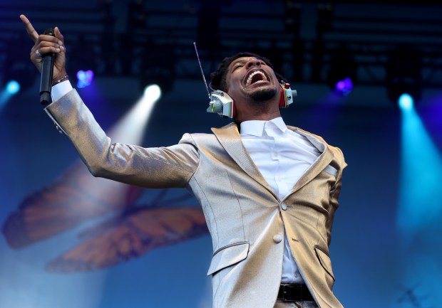 Jon Batiste performs at the Salt Shed in Chicago on June 13, 2024. (Chris Sweda/Chicago Tribune)