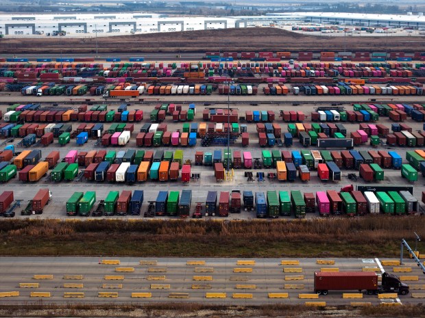 The Union Pacific Global IV intermodal yard near Joliet, Nov. 6, 2023. (E. Jason Wambsgans/Chicago Tribune)