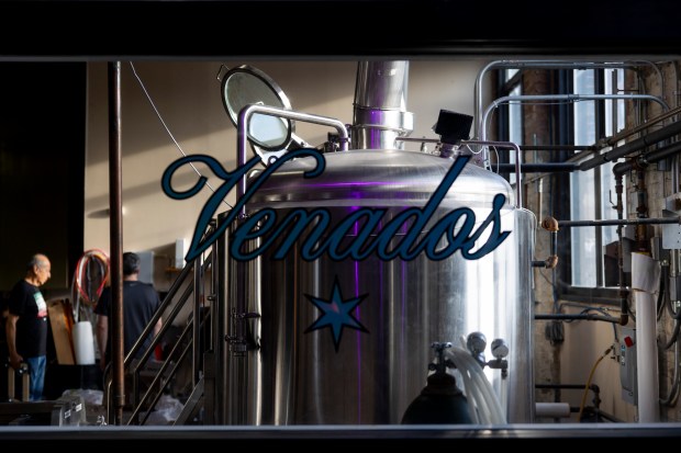 Fermenters in the brewing room at Monochrome Brewing on May 1, 2024, in Pilsen. (Vincent Alban/Chicago Tribune)