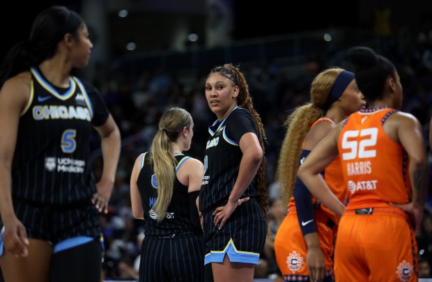 Chicago Sky center Kamilla Cardoso stands on the floor during a break in a game against the Connecticut Sun on June 12, 2024, at Wintrust Arena. (Chris Sweda/Chicago Tribune)