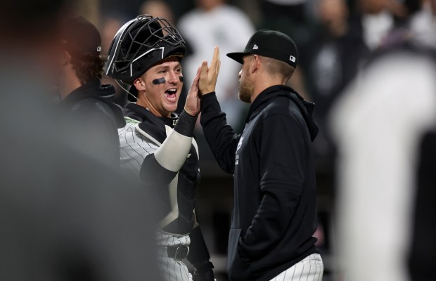 White Sox catcher Korey Lee celebrates with teammates after a victory against the Guardians on May 10, 2024, at Guaranteed Rate Field. (Chris Sweda/Chicago Tribune)