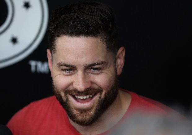 Red Sox pitcher Lucas Giolito is interviewed in the visitors dugout before a game against the White Sox on June 6, 2024, at Guaranteed Rate. (Chris Sweda/Chicago Tribune)