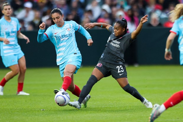 Chicago Red Stars midfielder Julia Bianchi (5) battles Bay FC Kiki's Pickett (23) during their game at Wrigley Field on June 8, 2024. (Eileen T. Meslar/Chicago Tribune)