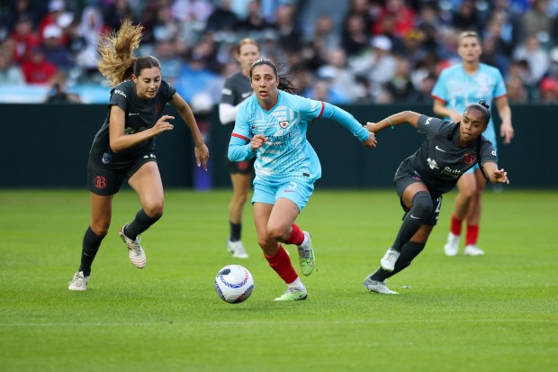 Chicago Red Stars midfielder Julia Bianchi (5) brings the ball up during their game against Bay FC at Wrigley Field on June 8, 2024. (Eileen T. Meslar/Chicago Tribune)