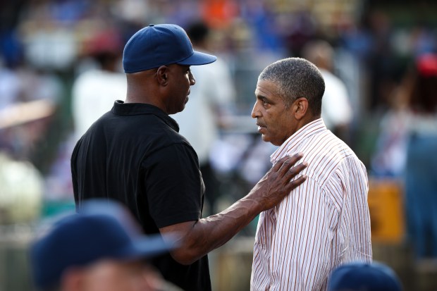 Barry Bonds speaks with Michael Mays, son of the late Willie Mays before the game at Rickwood Field on June 20, 2024 in Birmingham, Ala. (Photo by Casey Sykes/Getty Images)