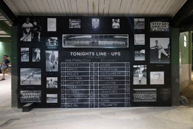 The lineup is seen in Rickwood Field as the Giants and Cardinals play on June 20, 2024, in Birmingham, Ala. (AP Photo/Vasha Hunt)