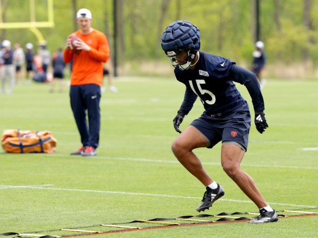 Bears wide receiver Rome Odunze goes through drills during Chicago Bears rookie minicamp at Halas Hall on May 10, 2024. (Stacey Wescott/Chicago Tribune)